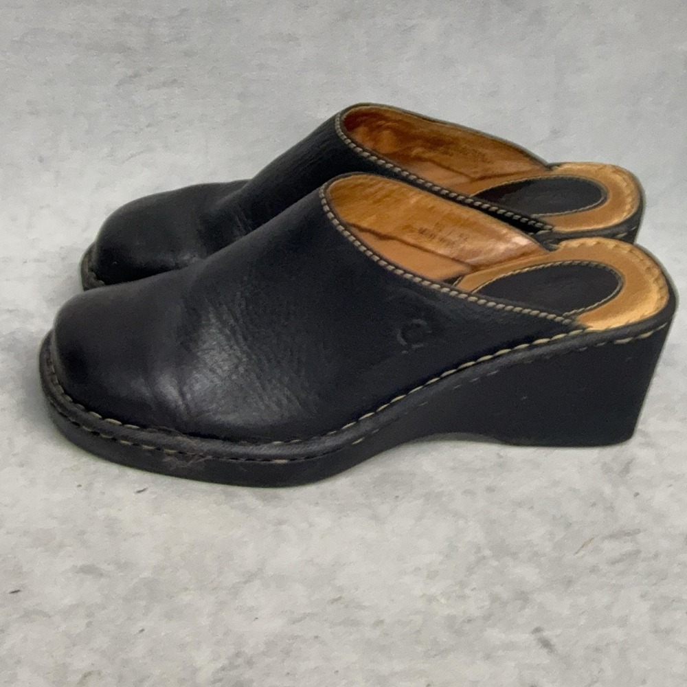 Born Shoes Womens Size 10 42 Black Leather Wedge Mules Slip On Comfort Casual - Picture 9 of 12